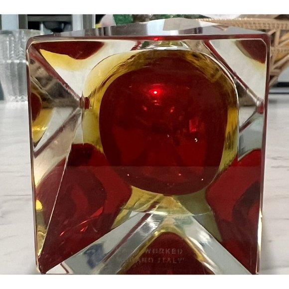 Murano Red Yellow Clear Sommerso Vase Triangular Multifaceted 6.25" H Signed - Picture 9 of 10
